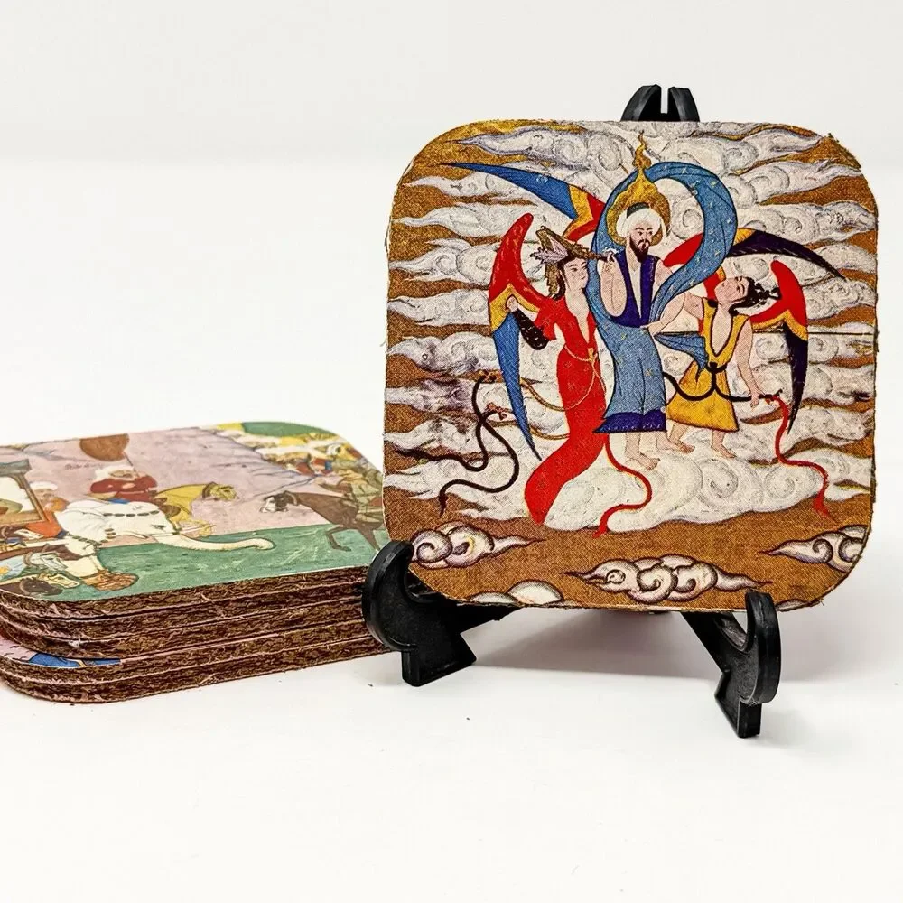 Vintage Persian Ottoman Miniature Art Coasters Set of 6 Fabric Covered Board